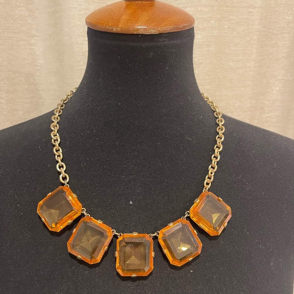 Vintage J. Crew Citrine Color Faceted Large Square Glass Statement Necklace L10